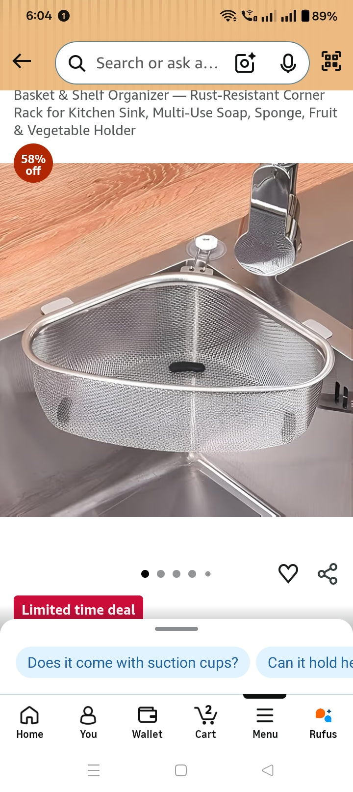 Premium Stainless Steel Corner Sink Basket with Suction Cup | Rustproof Kitchen Sink Drain Basket | Multipurpose Fruit & Vegetable Holder